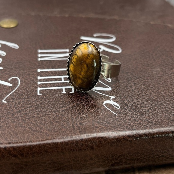 Handcrafted Brown Oval Tigereye Gemstone Cabochon Steel Adjustable Ring - Picture 1 of 10